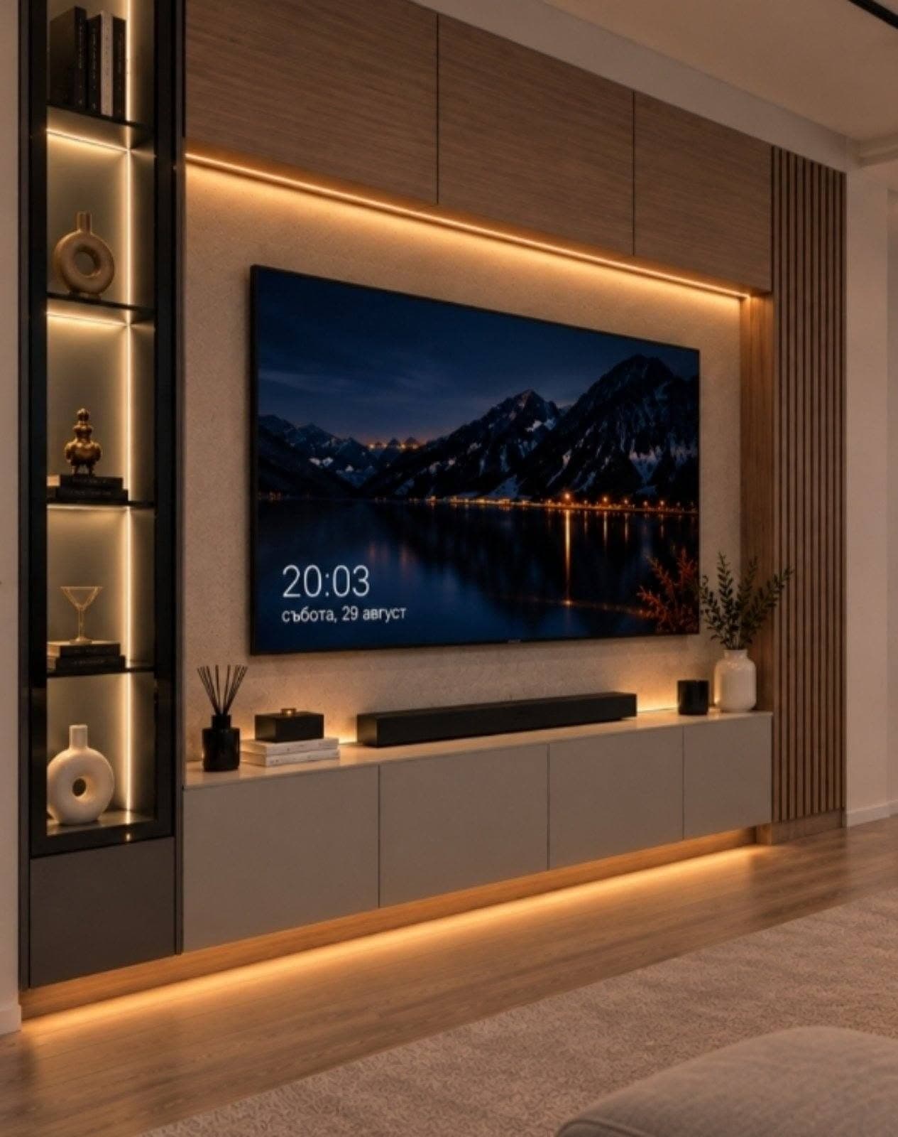 Холна ТВ секция с ламели и LED осветление
